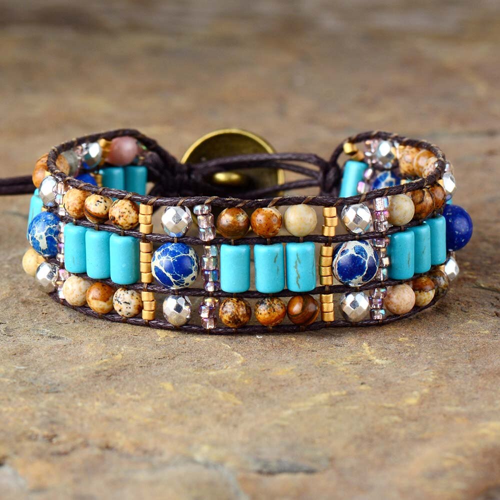 Bracelet Bohémien en Turquoise bleue et Jaspe "Sérénité & Bien être"
