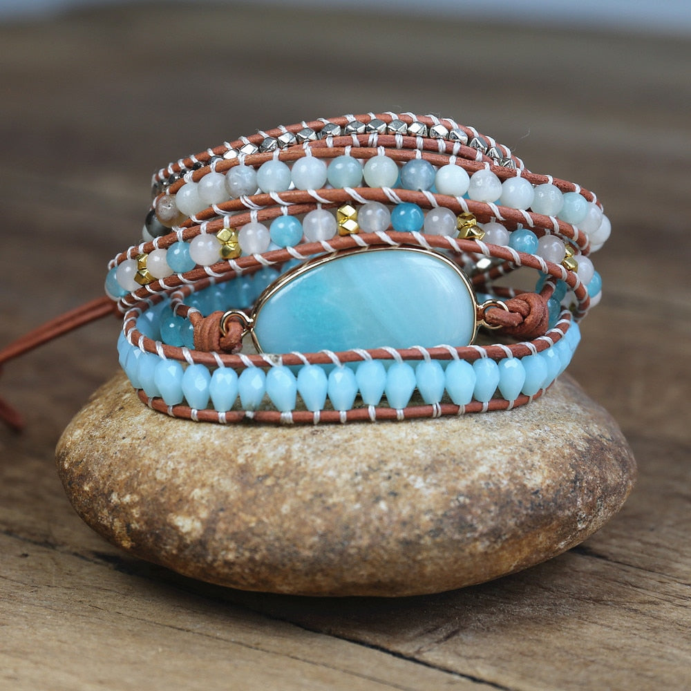 Bracelet Bohémien en Amazonite "Paix & Courage" - Cabochon