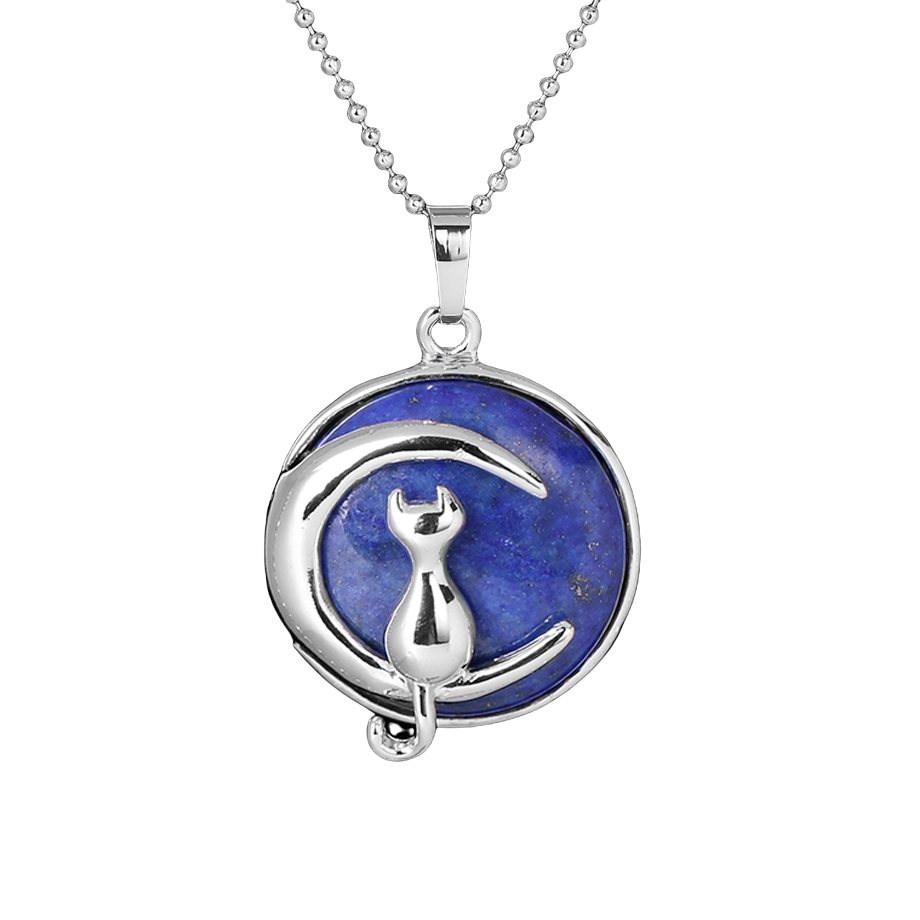Chaîne et son Pendentif en Lapis-Lazuli "Santé & Harmonie" - Chat au clair de lune