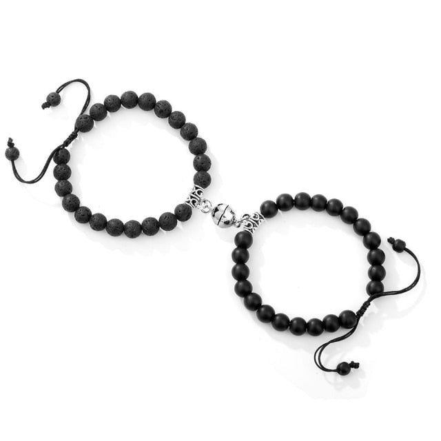 Double Bracelets Couple en Pierre de lave et Onyx "Ancrage & Stabilité" - Ajustable