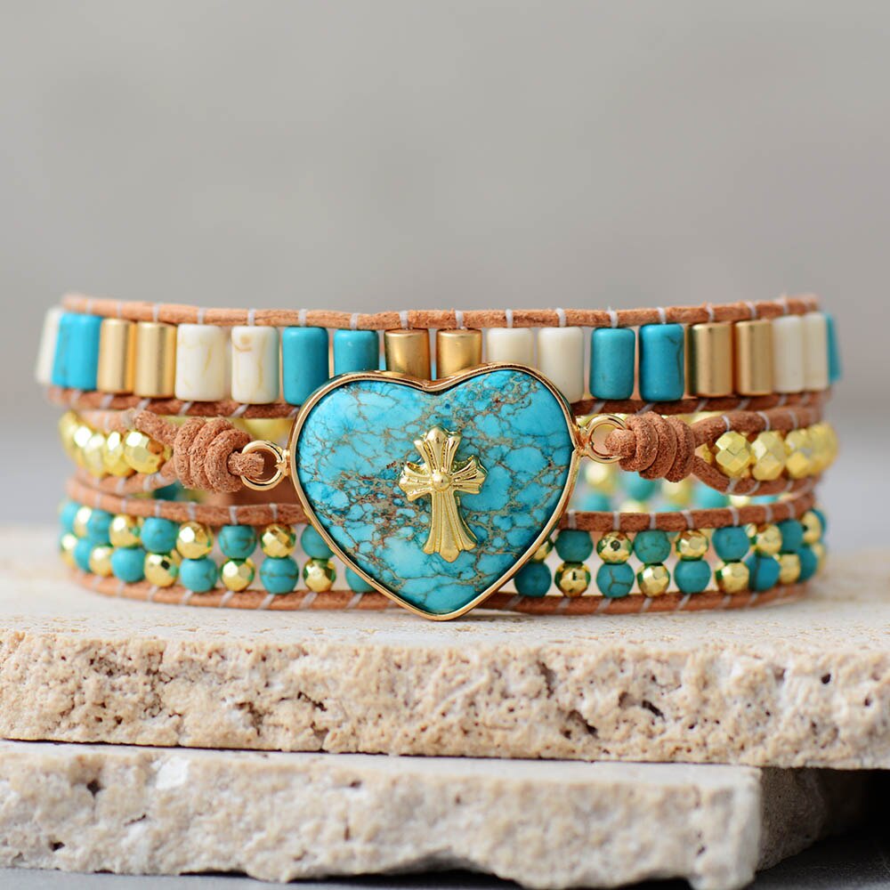 Bracelet Bohémien en Turquoise bleue et Jaspe "Sérénité & Bien être" - Coeur