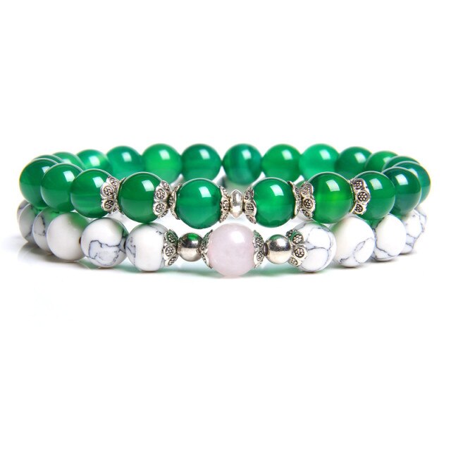 Double Bracelets en Jade et Turquoise blanche "Tempérance & Tolérance"